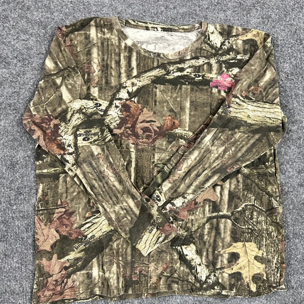 Mossy Oak Shirt Womens Size L Camo Breakup Infinity Pink Logo Long Sleeve Top